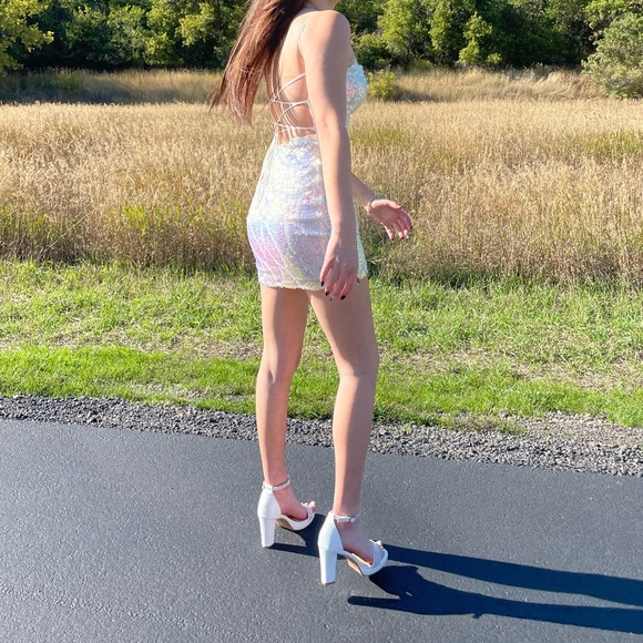 White Sequin Holographic Homecoming Dress - Picture 4 of 6